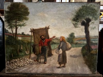 un tableau représentant un homme et une femme sur un chemin de terre