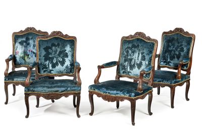 set of four louis xv style walnut and velvet upholstered armchairs