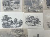 many pictures of old farm scenes on a table