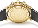 an image of a gold watch with a black leather strap