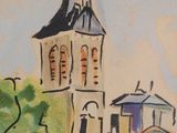 a painting of a church with a steeple in the background