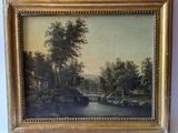 a painting of a river scene with a bridge in the foreground