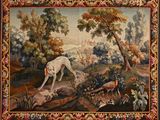 painting of a dog in a wooded area with trees and flowers