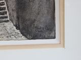 a black and white drawing of a cat sitting on a ledge