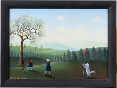 un tableau représentant des personnes jouant au golf avec un chien