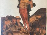 an image of a painting of a man standing on top of a barrel