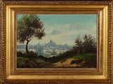 une peinture à l'huile représentant un paysage de montagne avec un arbre solitaire au premier plan