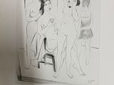un dessin représentant un groupe de femmes debout dans une pièce