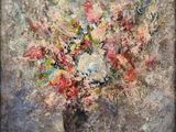 an oil painting of a vase with flowers in it on a table