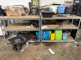 two shelves with various items on them in a garage