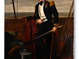 painting of a man in a black suit sitting on a boat with a red flag