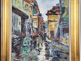 une peinture à l'huile représentant une scène de rue avec des passants marchant sous la pluie