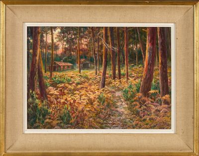 un tableau représentant une scène de forêt avec un sentier au premier plan