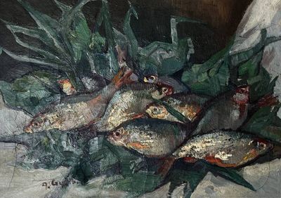 un tableau représentant un tas de poissons posés sur une table