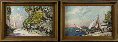 deux tableaux représentant des bateaux sur l'eau, dans un cadre en bois