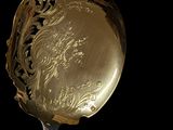 a silver spoon with a gold design on it