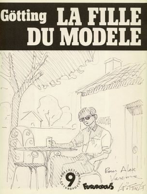 un dessin en noir et blanc représentant un homme assis à une table