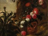 une peinture à l'huile représentant des fleurs dans un vase posé sur un rebord rocheux