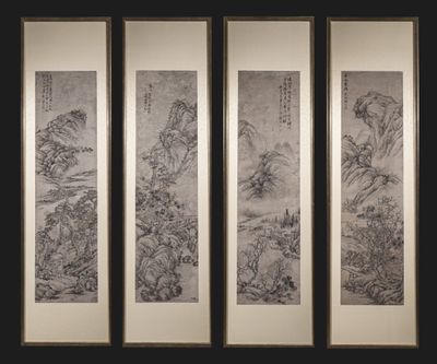 trois peintures chinoises encadrées représentant un paysage de montagne et une rivière