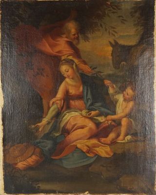 an old painting of a woman and child in a wooded setting