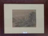 framed picture of a mountain landscape with a river in the foreground and a mountain range in the background