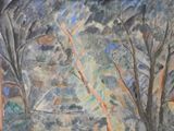 a picture of a painting of trees in a forest
