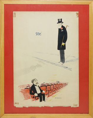 tableau représentant un homme en haut-de-forme et un homme en costume, assis sur un banc