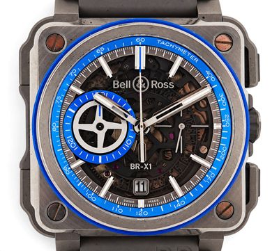 Montre Bell & Ross BR-X avec bracelet en caoutchouc noir et cadran à lunette bleue