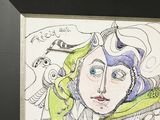 a drawing of a woman with a bird on her shoulder