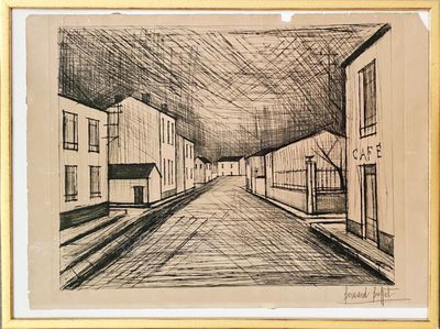 pencil drawing of a street scene with buildings and a street light