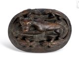 a small wooden box with a horse and a dog on it