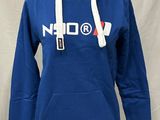 a women ' s blue hoodie with a white hoodie and a red, white, and blue logo