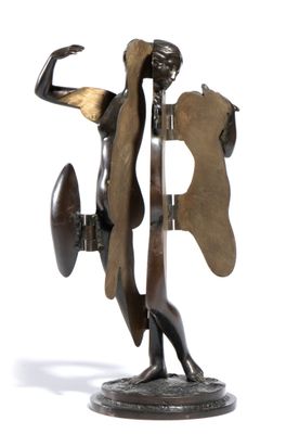 bronze sculpture of a woman holding a shield and a shield