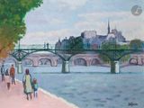 tableau représentant des personnes marchant sur un trottoir au bord d'une rivière, avec un pont en arrière-plan
