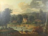 peinture représentant un paysage avec une rivière et un village au loin