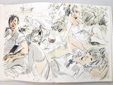 drawing of a group of people having a picnic in a park