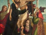 a painting of a group of people standing around a man on a cross