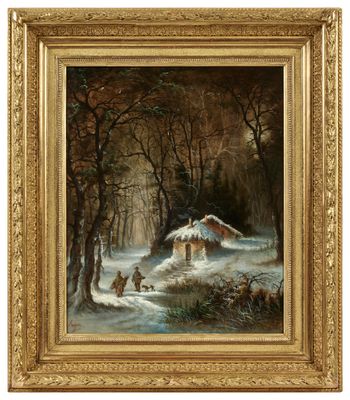 un tableau représentant une cabane dans les bois avec un chien tirant un traîneau