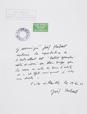 Joël HUBAUT(1947). Lettre autographe sur papier.