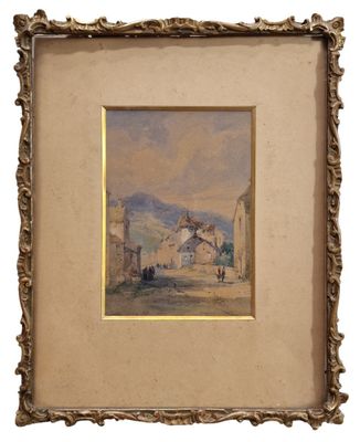 an old picture of a painting of a village with a church in the background