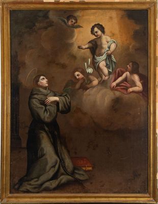 une peinture représentant une peinture d'un homme vêtu d'une robe de moine et tenant un chapelet