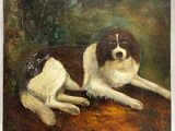 painting of a brown and white dog laying on top of a wooden table