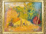 une peinture à l'huile représentant une scène de campagne avec une grange rouge en arrière-plan