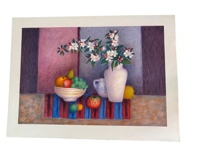 a painting of a vase of flowers and fruit on a table