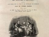 an old book with a drawing of two people sitting at a table