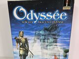 the cover of the book odysseye, featuring a man standing on top of a mountain