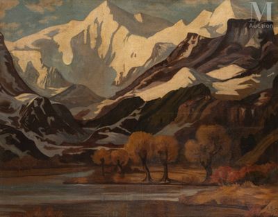 painting of a painting of a mountain range with a body of water in the foreground