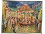 tableau représentant un carrousel de nuit, avec des gens qui se promènent autour