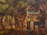 a painting on the wall of a house with a horse in front of it
