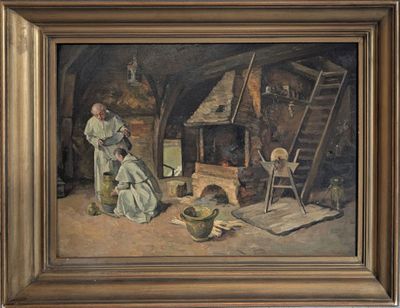 tableau représentant un homme et une femme dans une grange avec un enfant